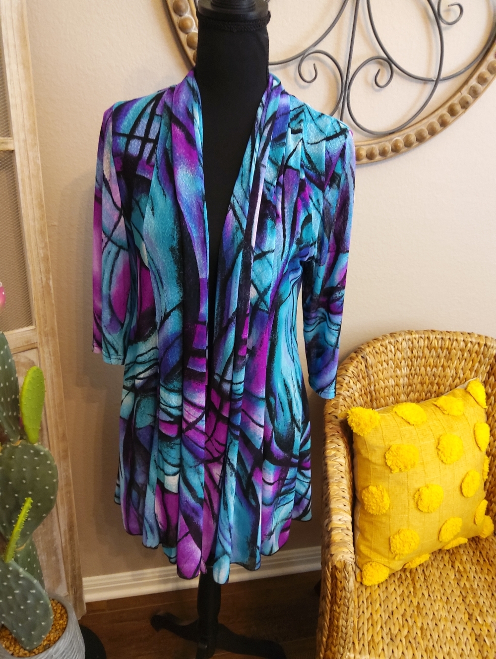 Whispers Vibrant Abstract Open-Front Cardigan - Teal & Magenta